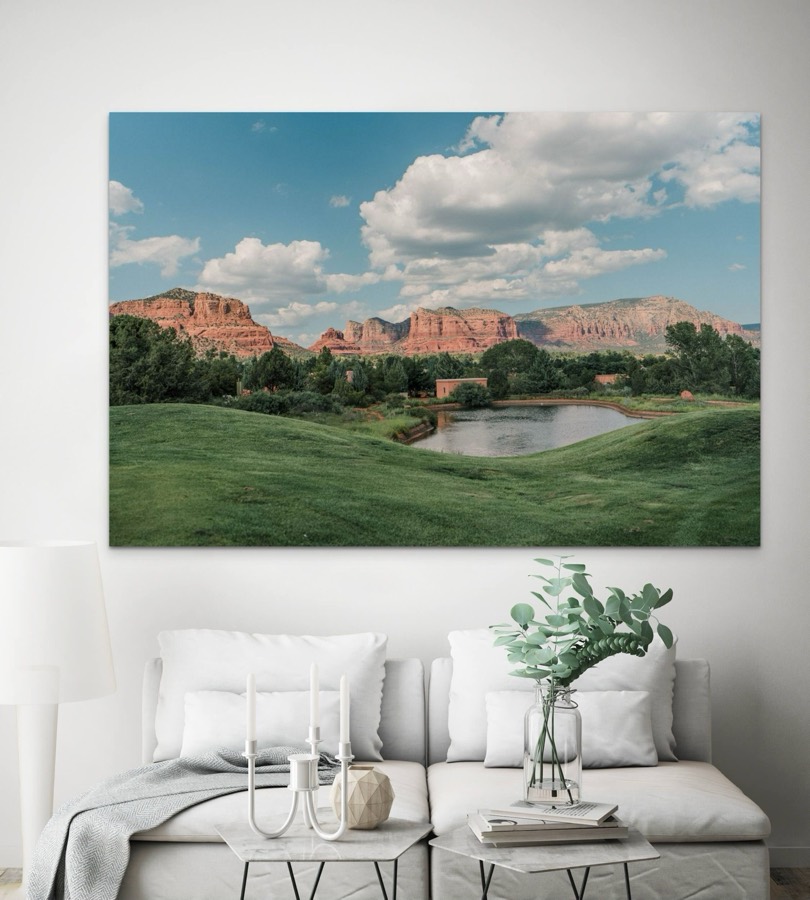 Sedona Golf Resort fairway and red rocks, Arizona metal print, shown in a room