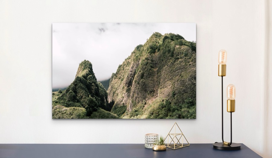 Iao Needle in Iao Valley, Maui, Hawaii metal print, shown in a room