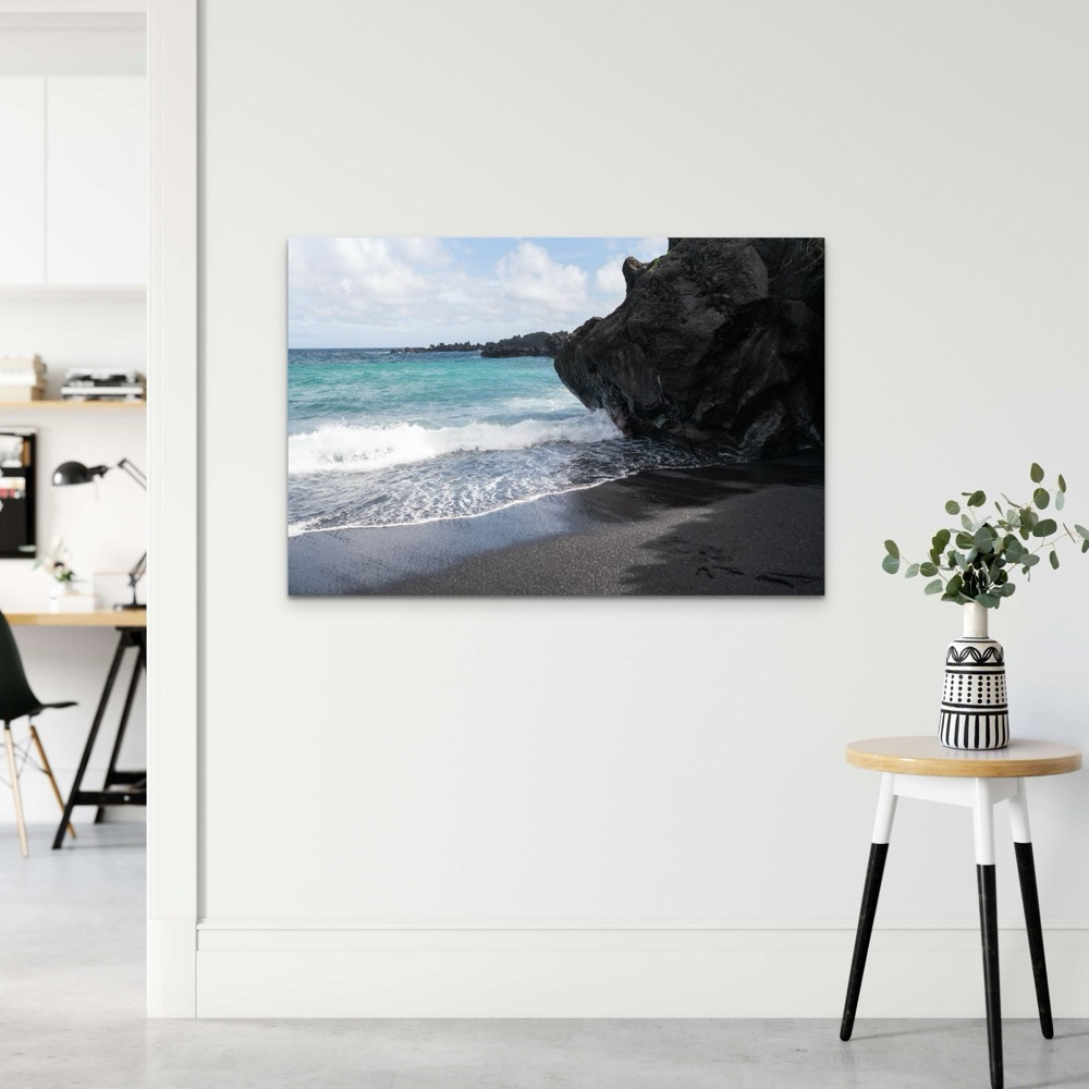 Black sand beach and volcanic rock, Maui, Hawaii metal print