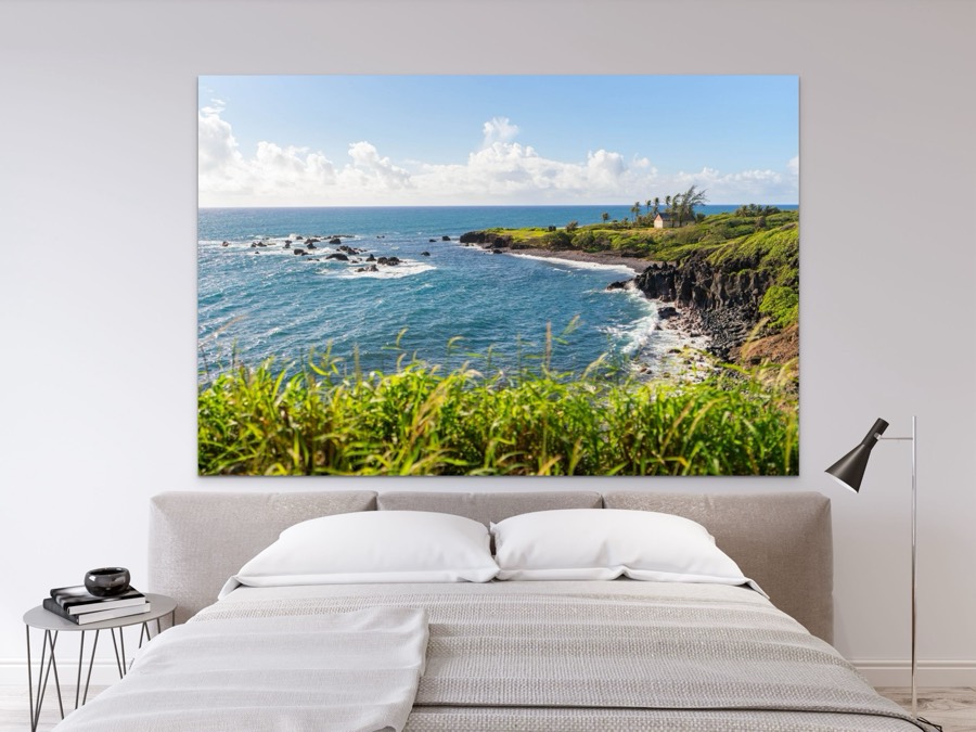 Road to Hana Maui coastal ocean metal print, shown in a room