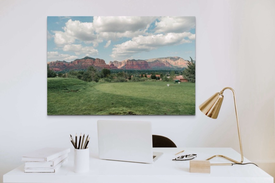 Sedona golf course southwest Arizona wall art print, shown in a room
