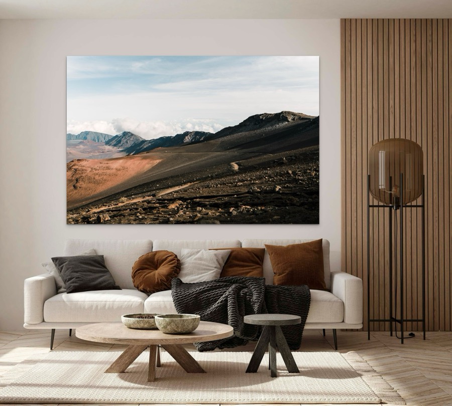 Haleakala Maui volcanic crater landscape metal print, shown in a room