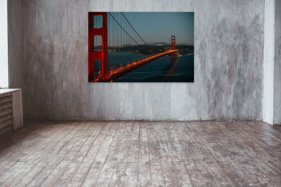 Golden Gate Bridge at night San Francisco metal print, shown in a room